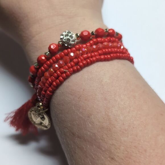 Set of 5 Red Beaded Stretch‎ Bracelets - Picture 1 of 7